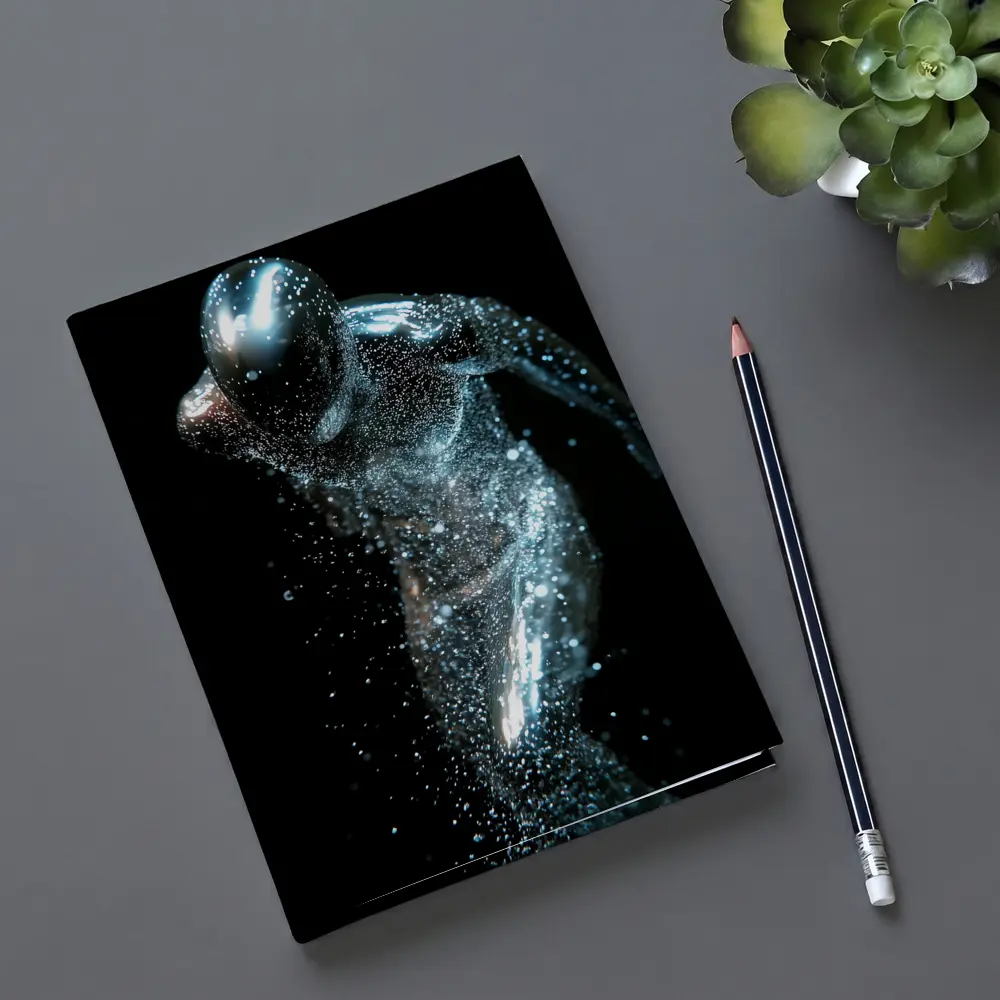 Silver Figure Running Particle Explosion Dark Background – Notebooks