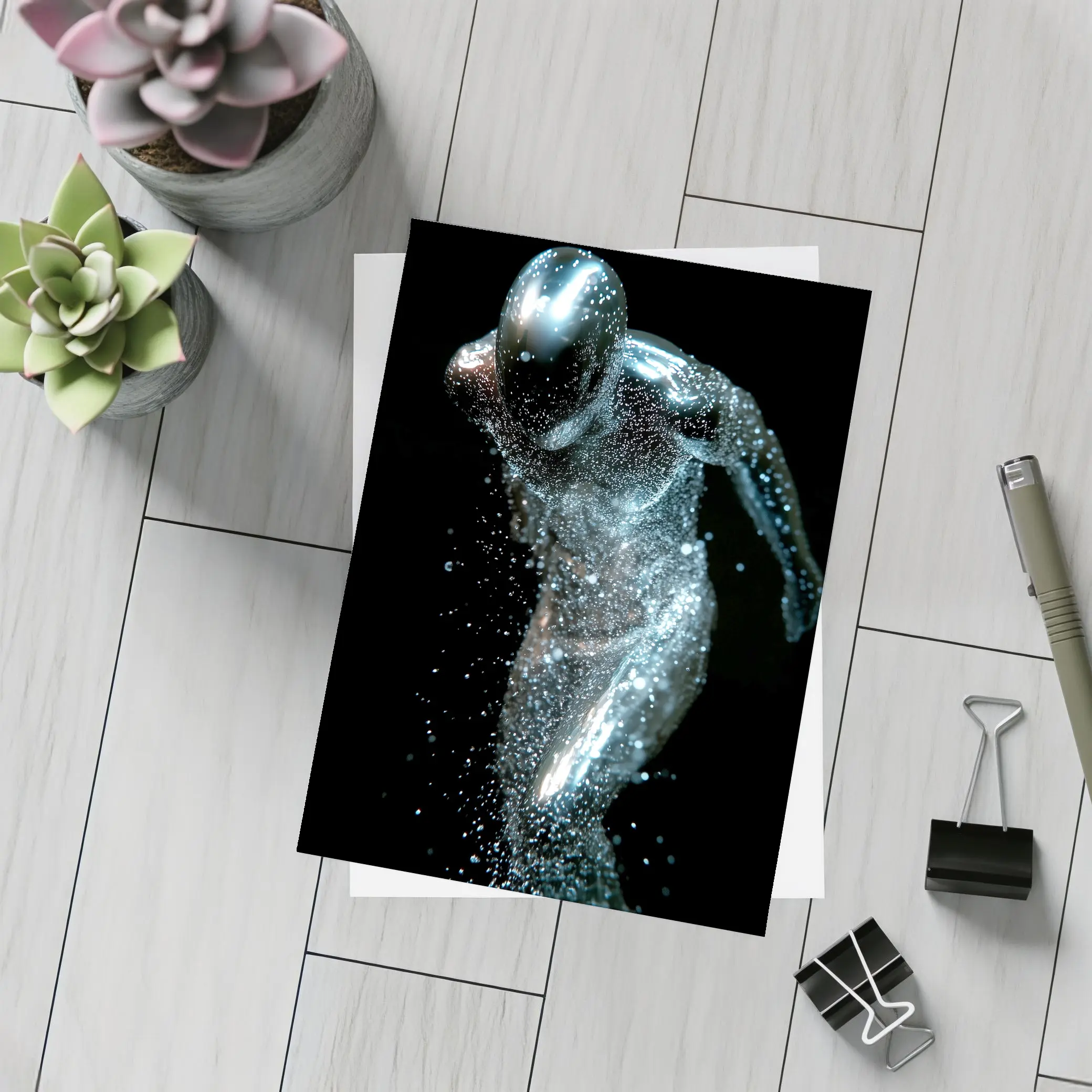 Silver Figure Running Particle Explosion Dark Background – Postcards