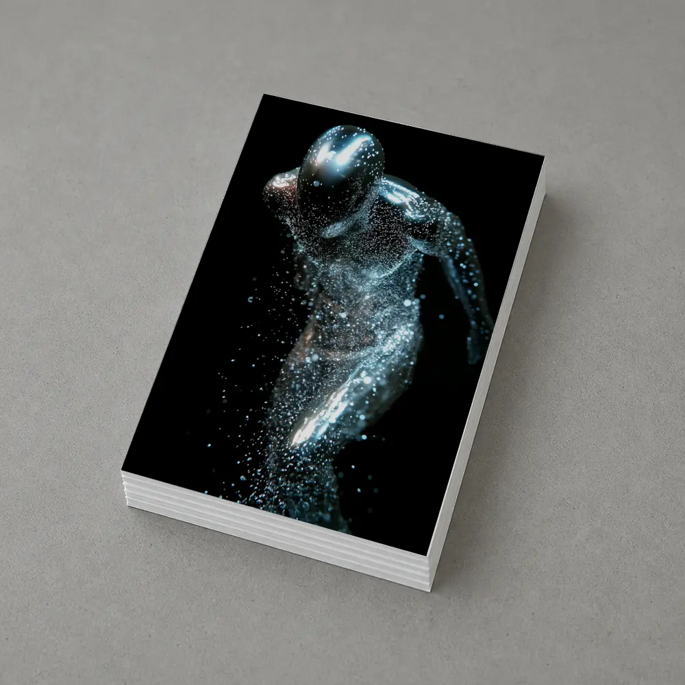 Silver Figure Running Particle Explosion Dark Background – Postcards