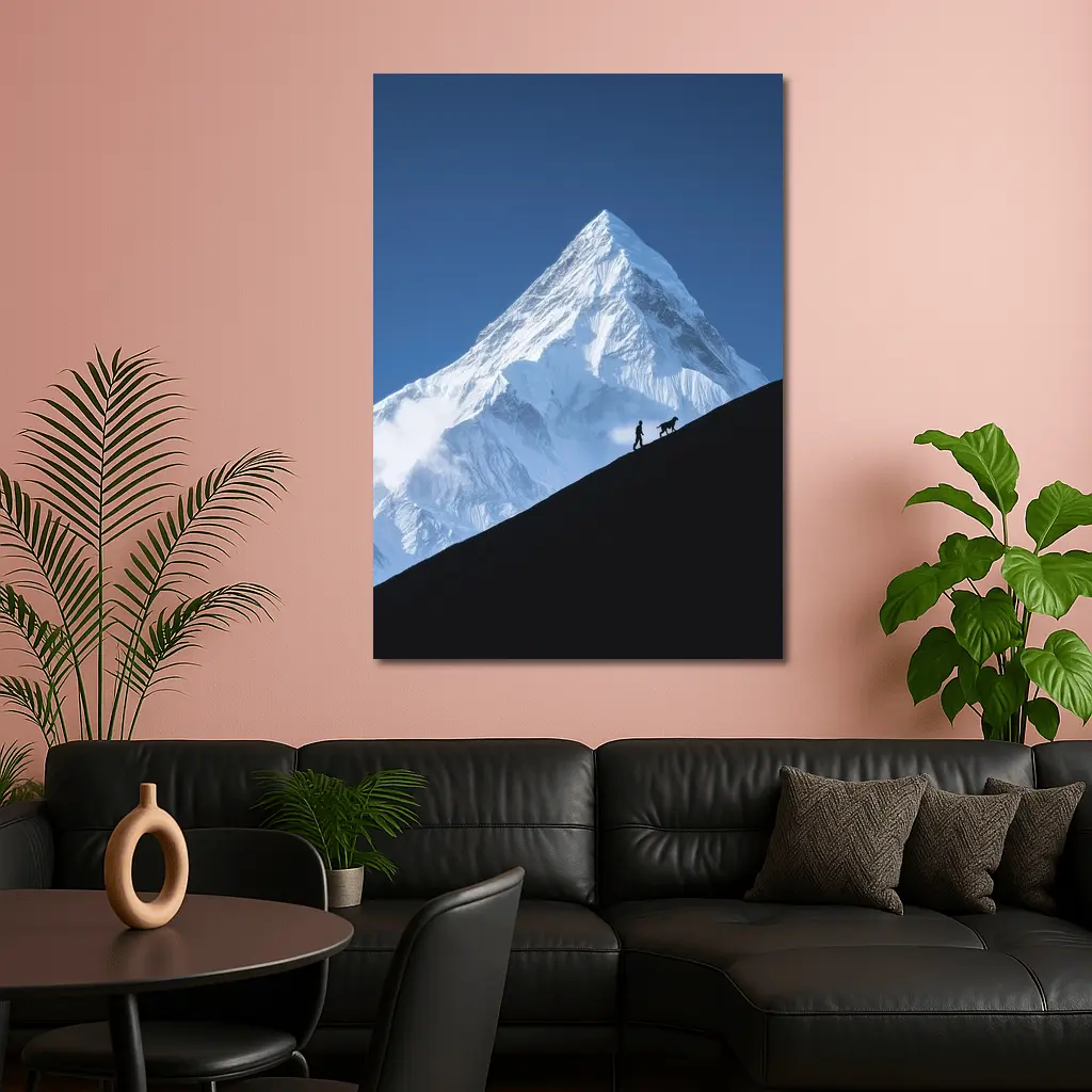 Hiker and Dog Silhouette Snow Mountain – Wall Art