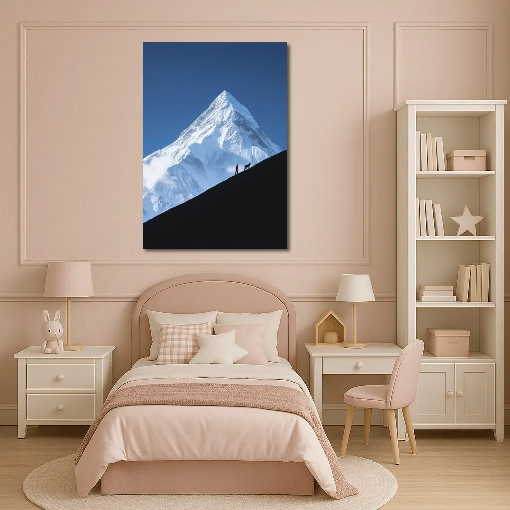 Hiker and Dog Silhouette Snow Mountain – Wall Art