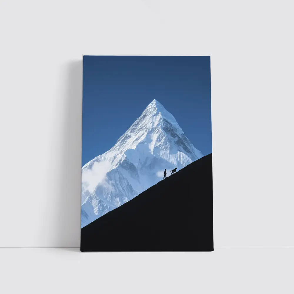 Hiker and Dog Silhouette Snow Mountain – Wall Art