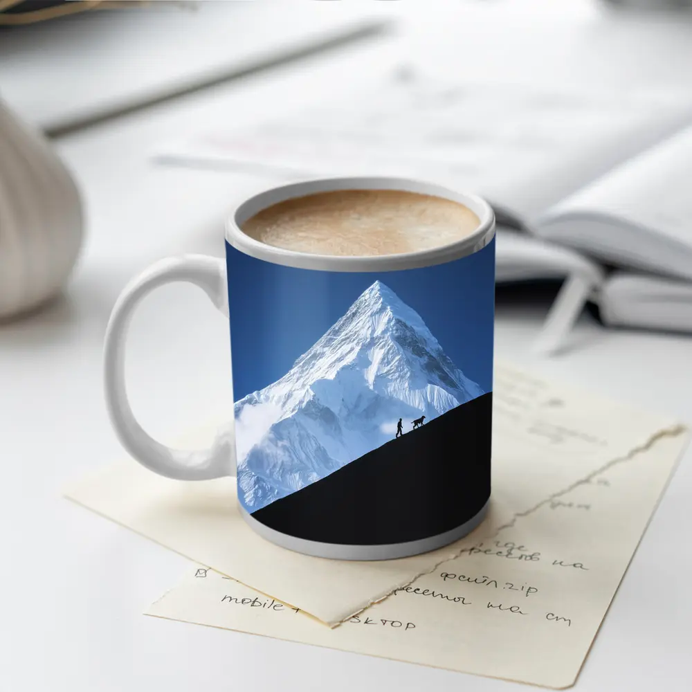 Hiker and Dog Silhouette Snow Mountain – Mugs