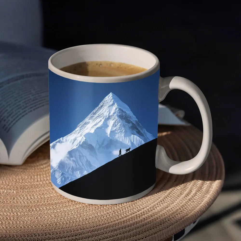 Hiker and Dog Silhouette Snow Mountain – Mugs