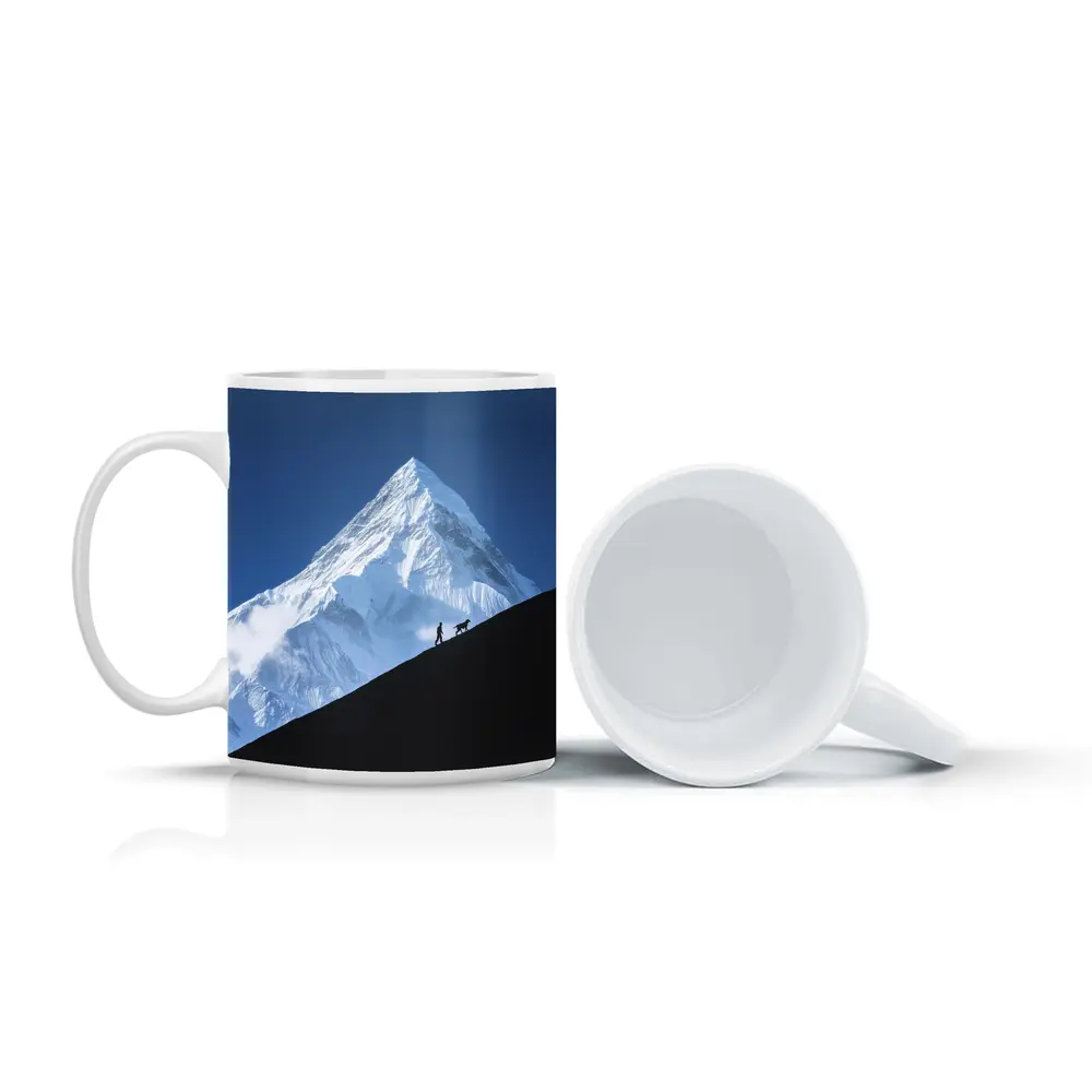Hiker and Dog Silhouette Snow Mountain – Mugs