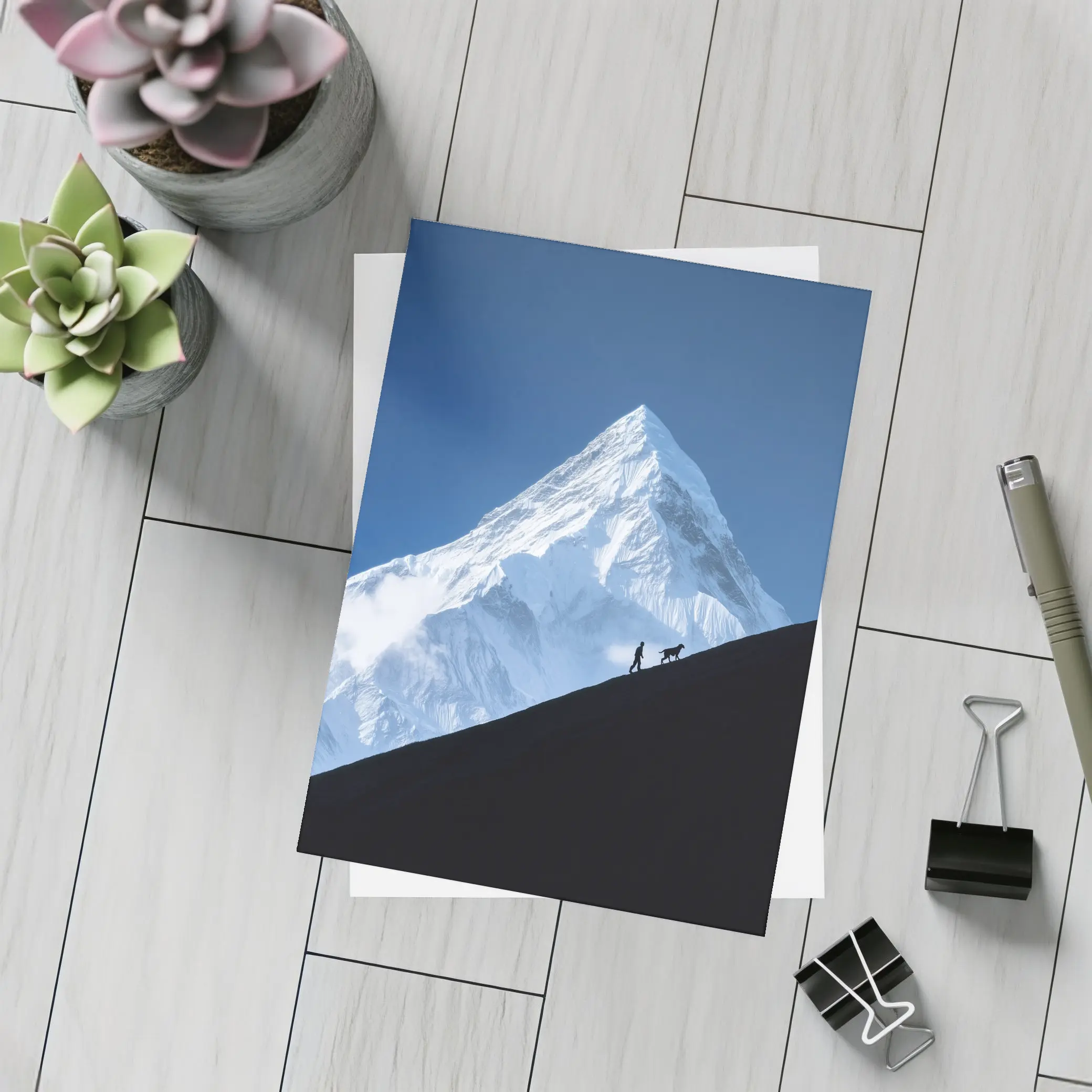 Hiker and Dog Silhouette Snow Mountain – Postcards