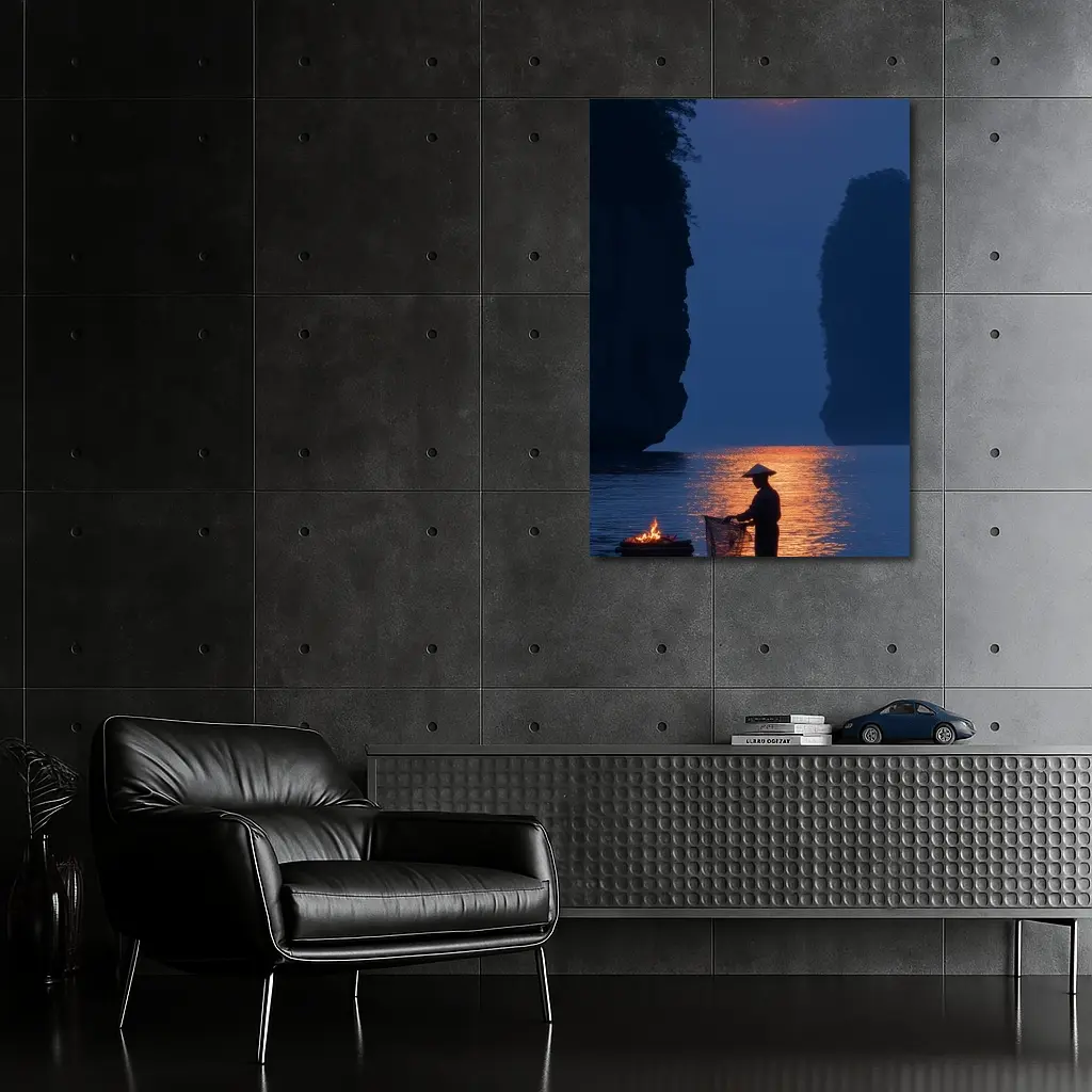 Fisherman Silhouette Moonlit River Karst Landscape – Wall Art