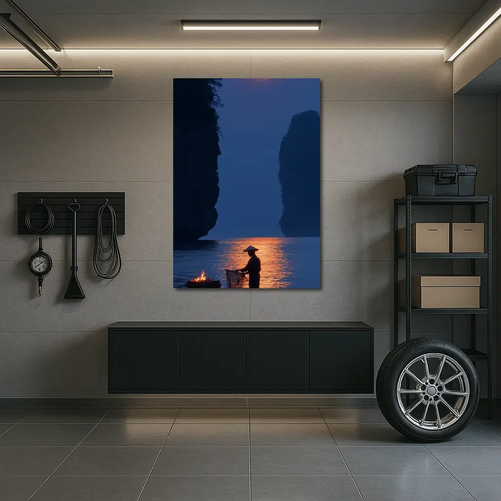 Fisherman Silhouette Moonlit River Karst Landscape – Wall Art