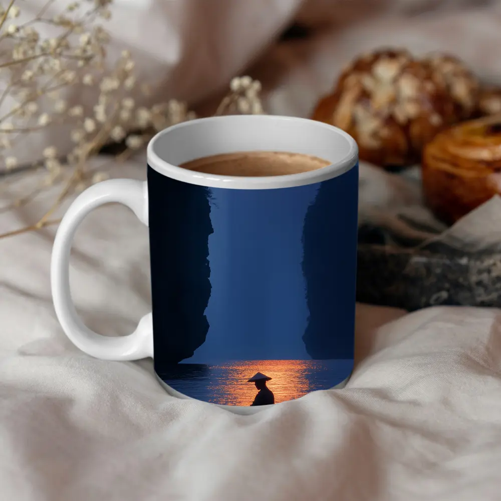 Fisherman Silhouette Moonlit River Karst Landscape – Mugs