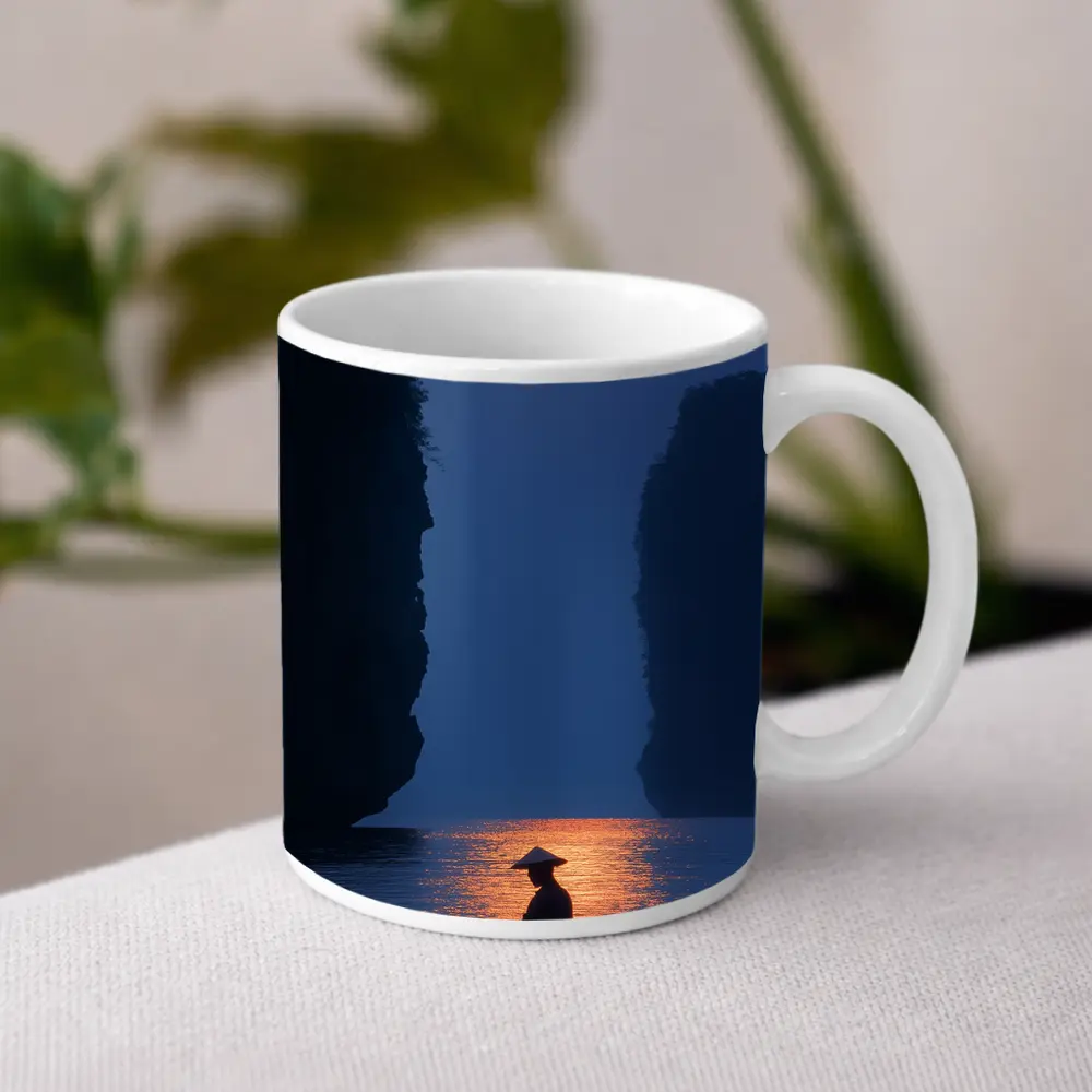 Fisherman Silhouette Moonlit River Karst Landscape – Mugs