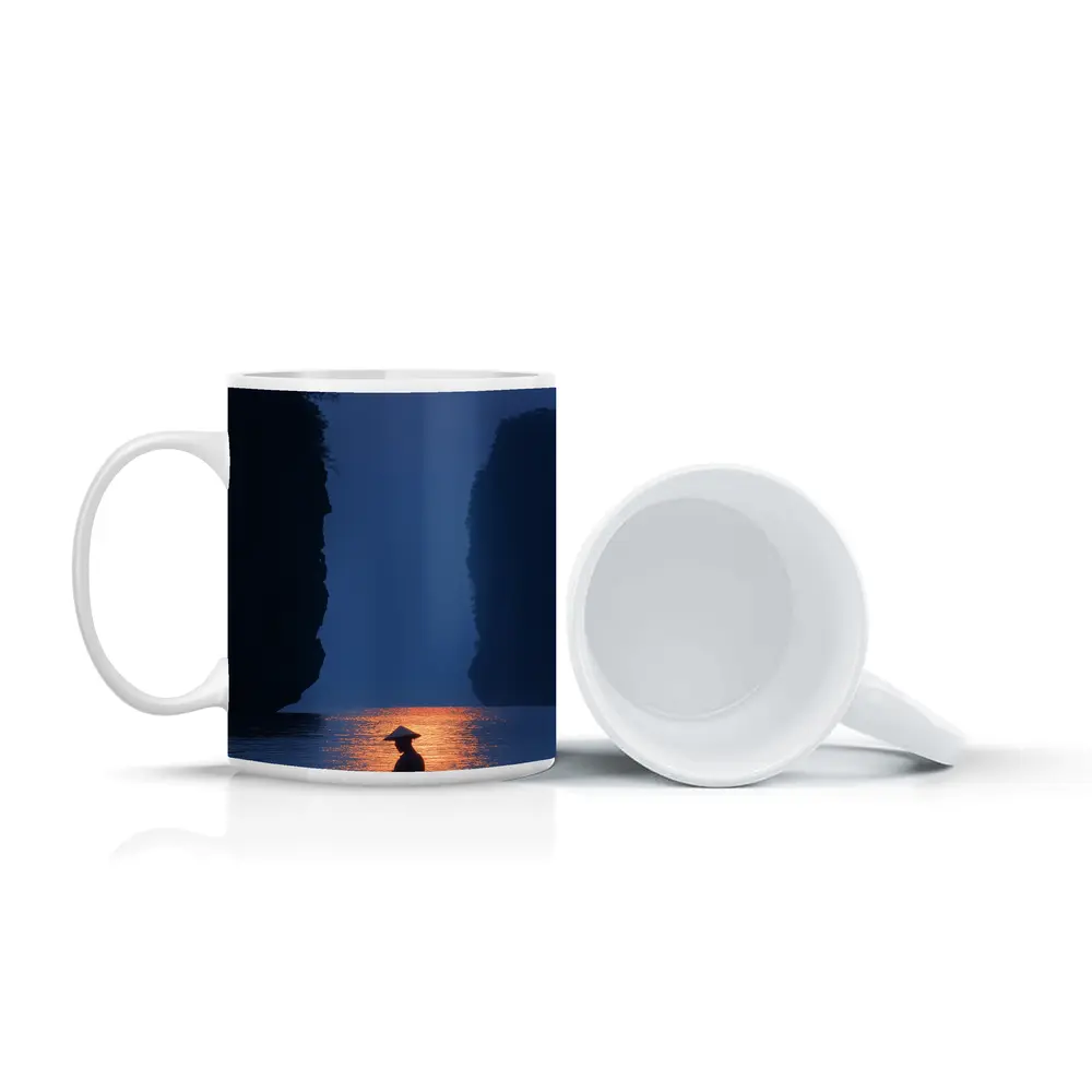 Fisherman Silhouette Moonlit River Karst Landscape – Mugs