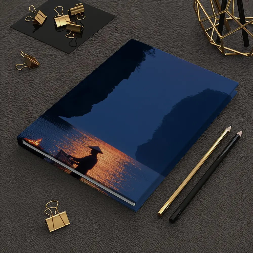 Fisherman Silhouette Moonlit River Karst Landscape – Notebooks