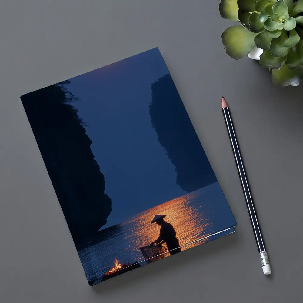 Fisherman Silhouette Moonlit River Karst Landscape – Notebooks