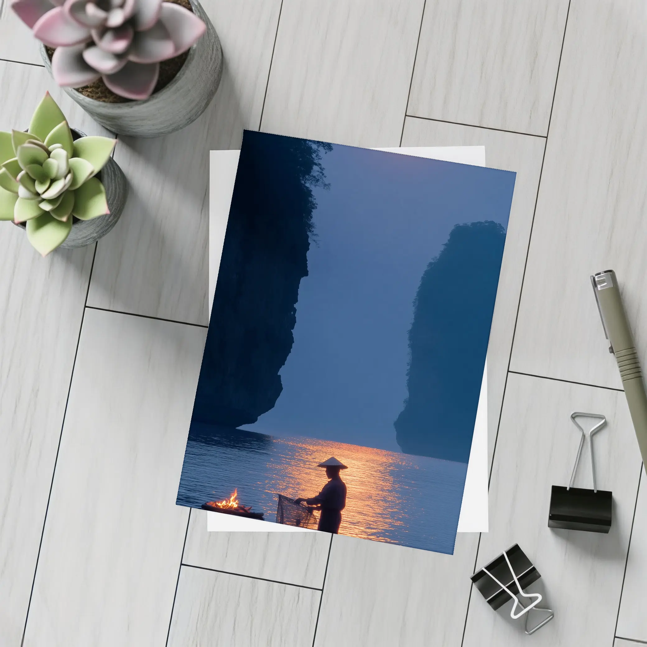 Fisherman Silhouette Moonlit River Karst Landscape – Postcards