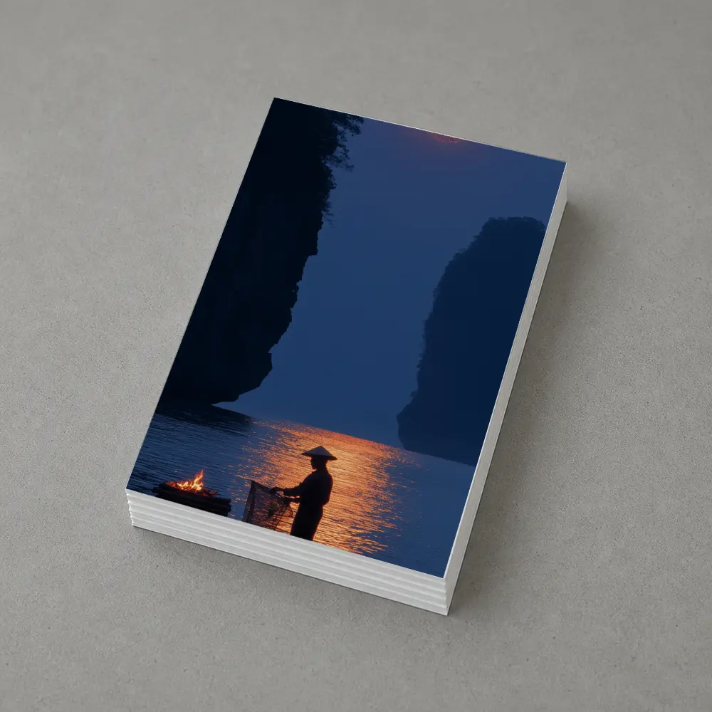 Fisherman Silhouette Moonlit River Karst Landscape – Postcards