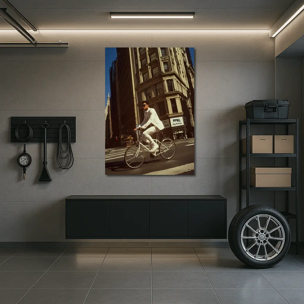Man in White Suit Cycling New York City – Wall Art
