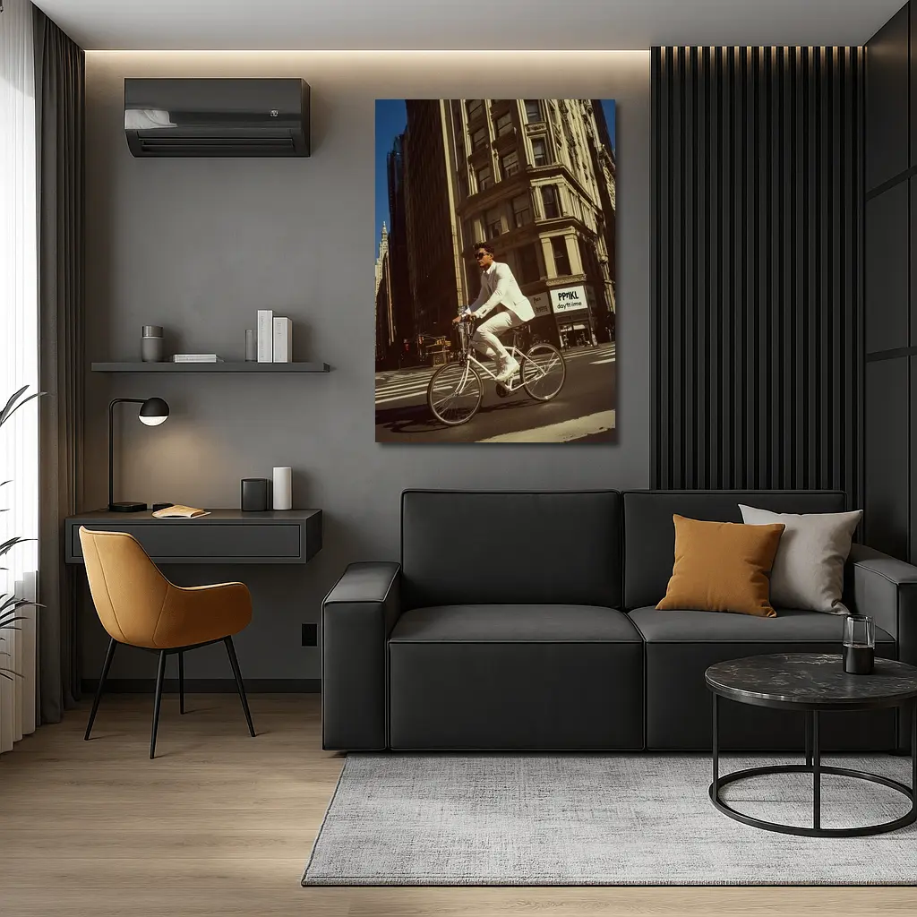 Man in White Suit Cycling New York City – Wall Art