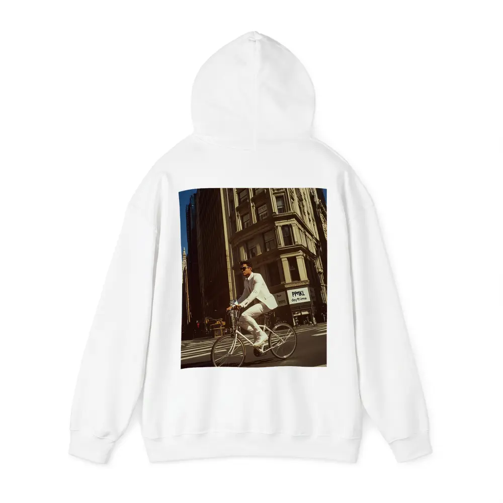 Man in White Suit Cycling New York City – Hoodies