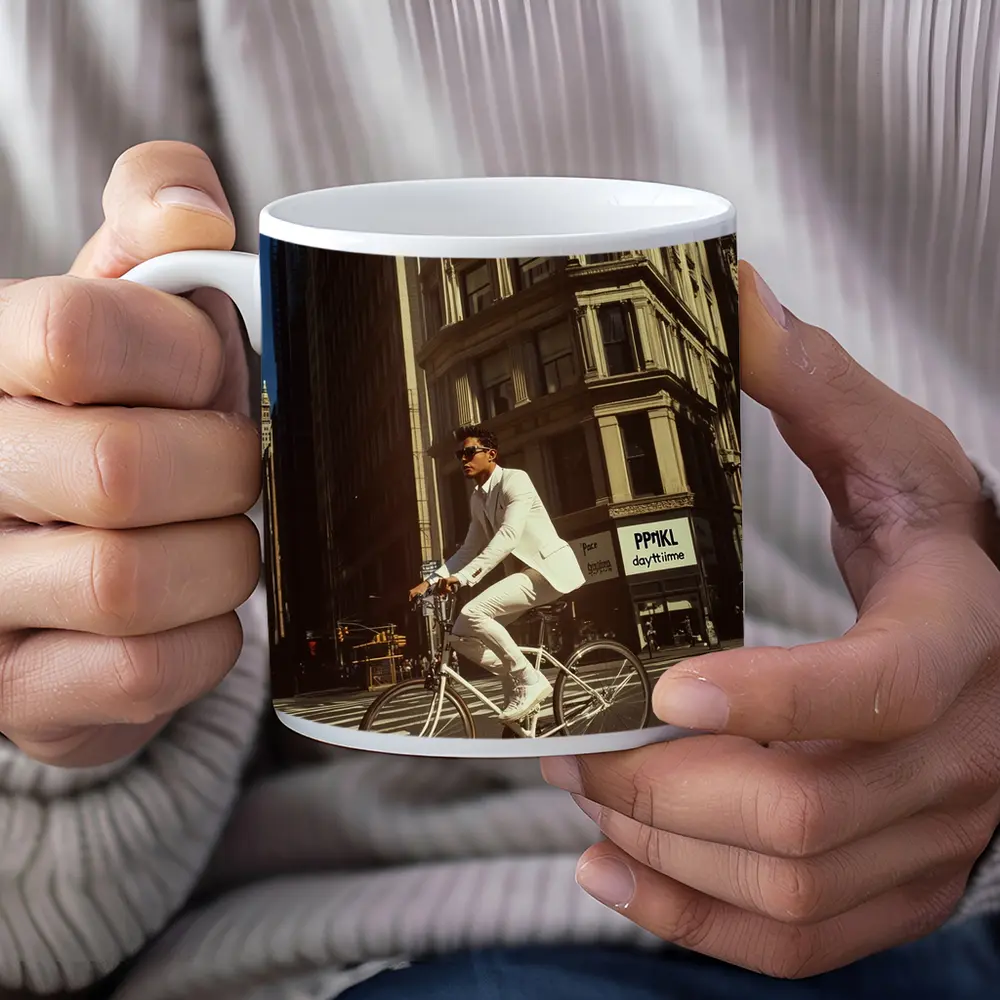 Man in White Suit Cycling New York City – Mugs