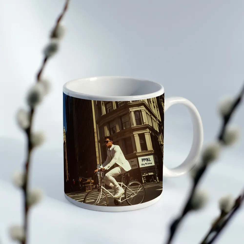 Man in White Suit Cycling New York City – Mugs