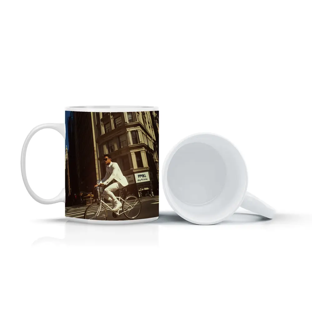 Man in White Suit Cycling New York City – Mugs