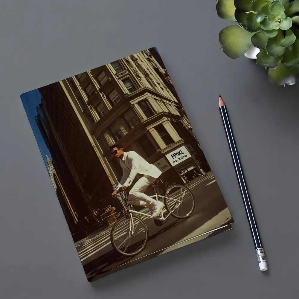 Man in White Suit Cycling New York City – Notebooks