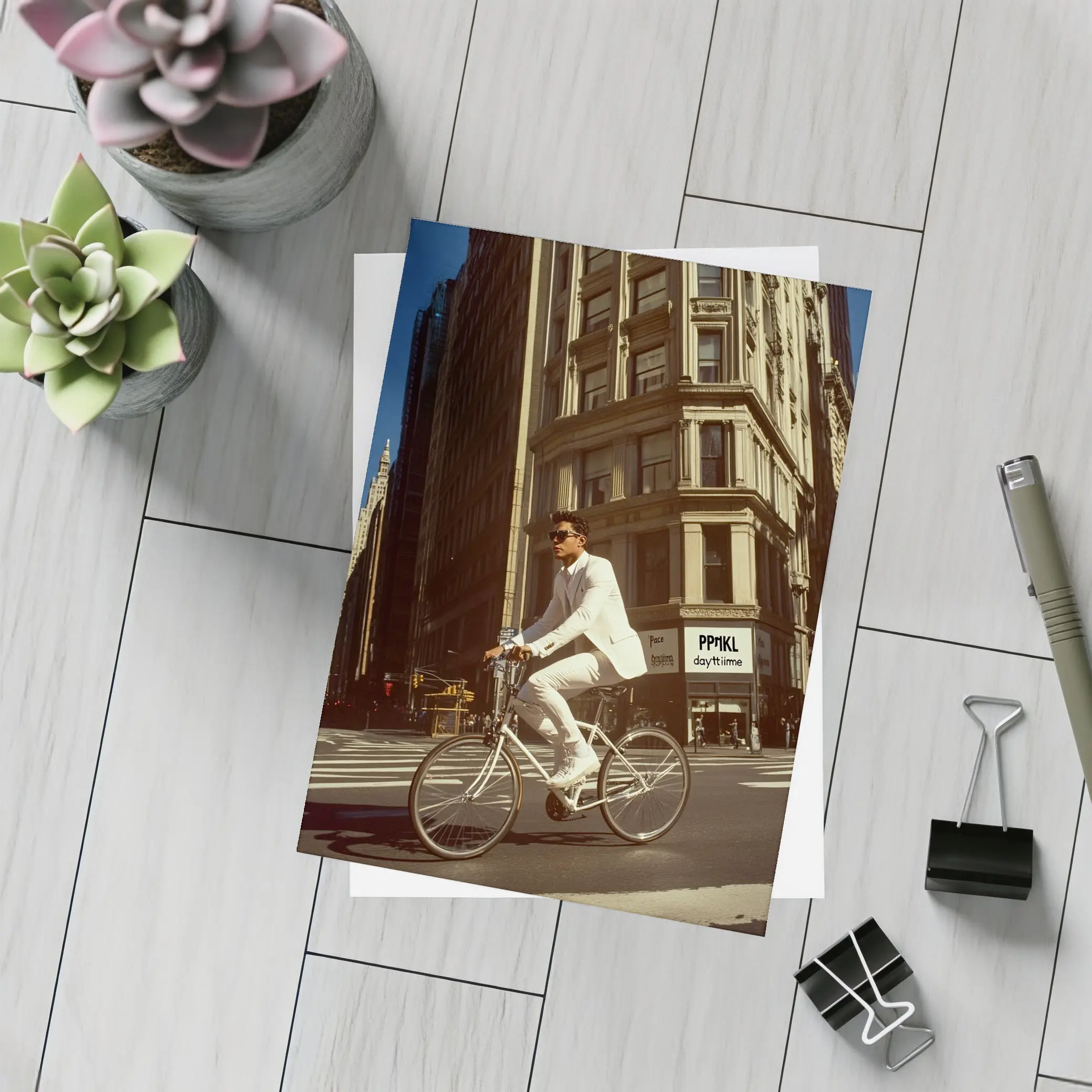 Man in White Suit Cycling New York City – Postcards