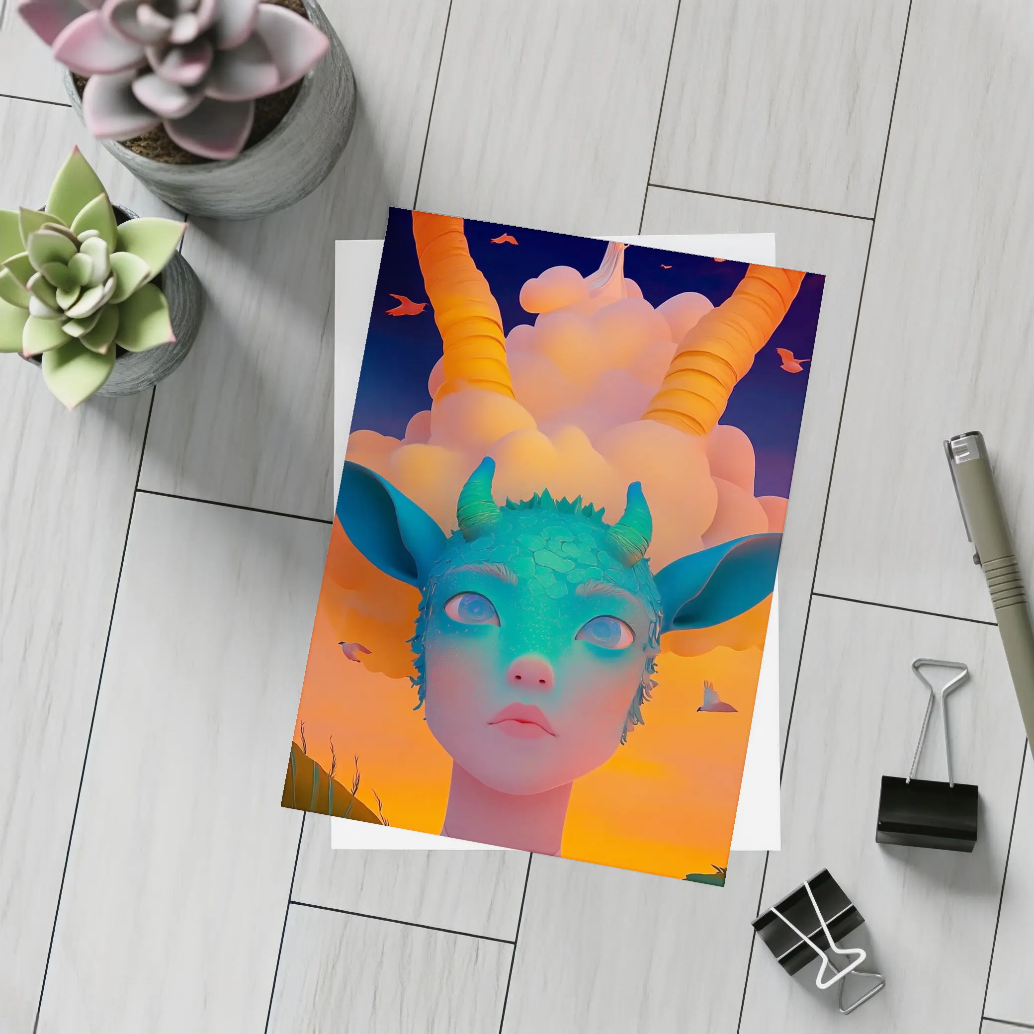 Fantasy Creature Girl Sunset Sky Art – Postcards