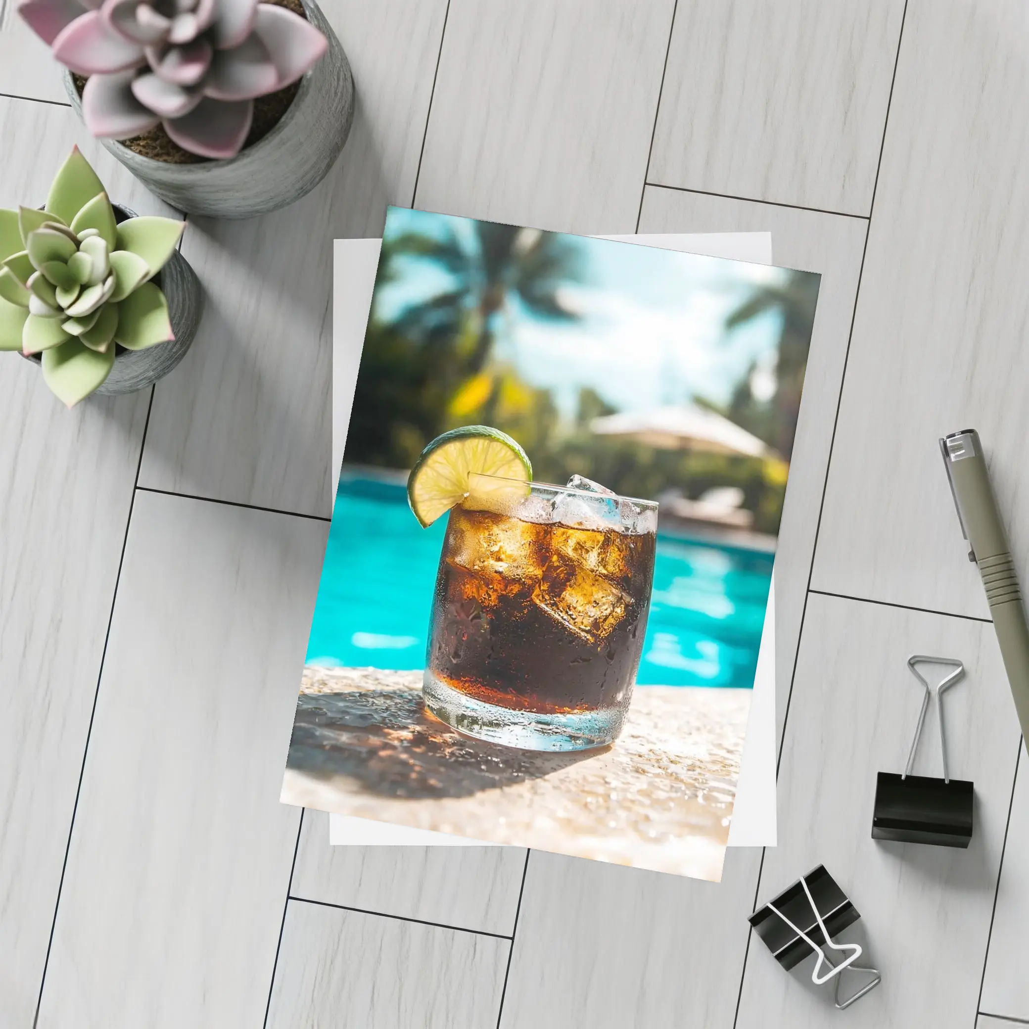 Dark Rum Cola Drink Poolside Tropical Setting – Postcards