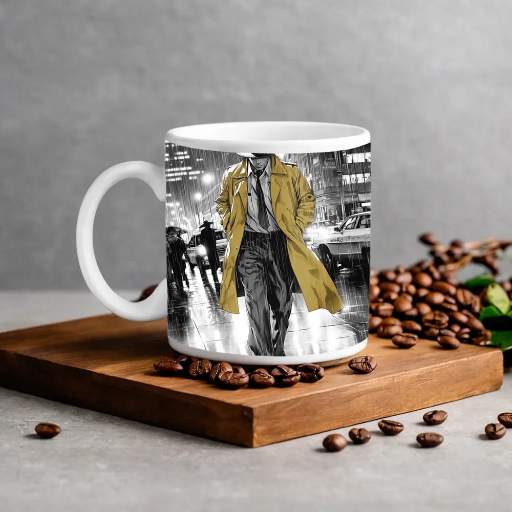 Detective Walking Rainy City Street Night – Mugs