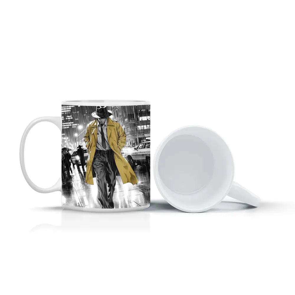 Detective Walking Rainy City Street Night – Mugs