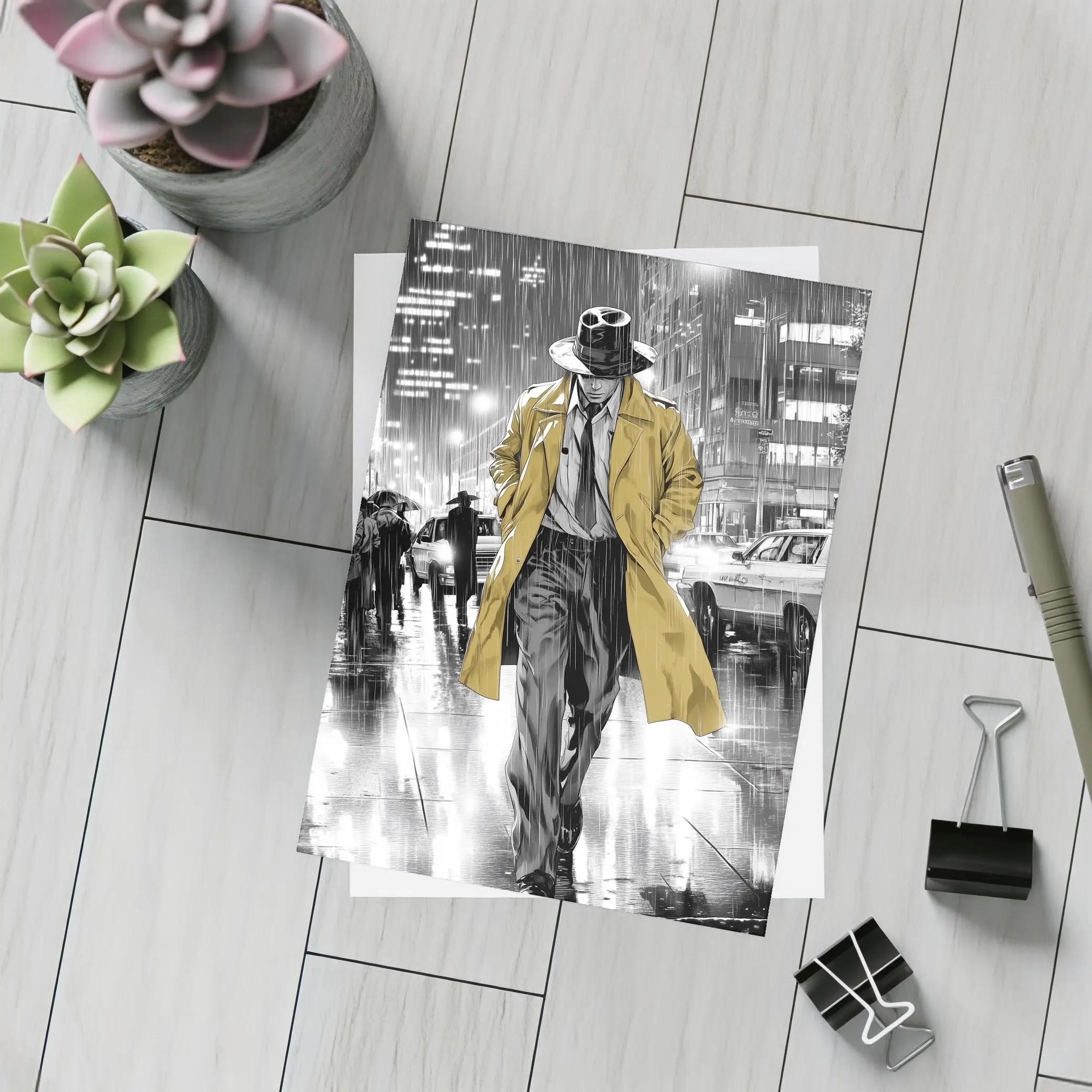 Detective Walking Rainy City Street Night – Postcards