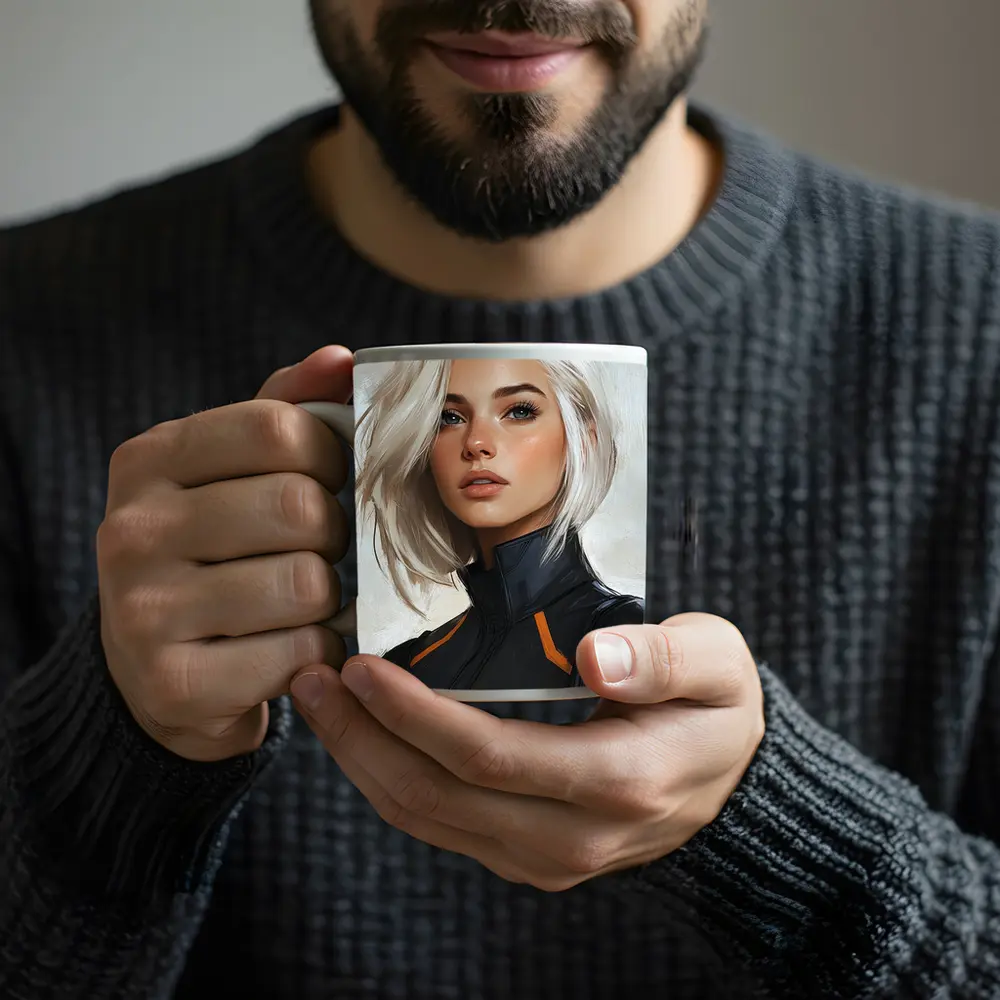 Sci Fi Woman White Hair Digital Portrait Art – Mugs