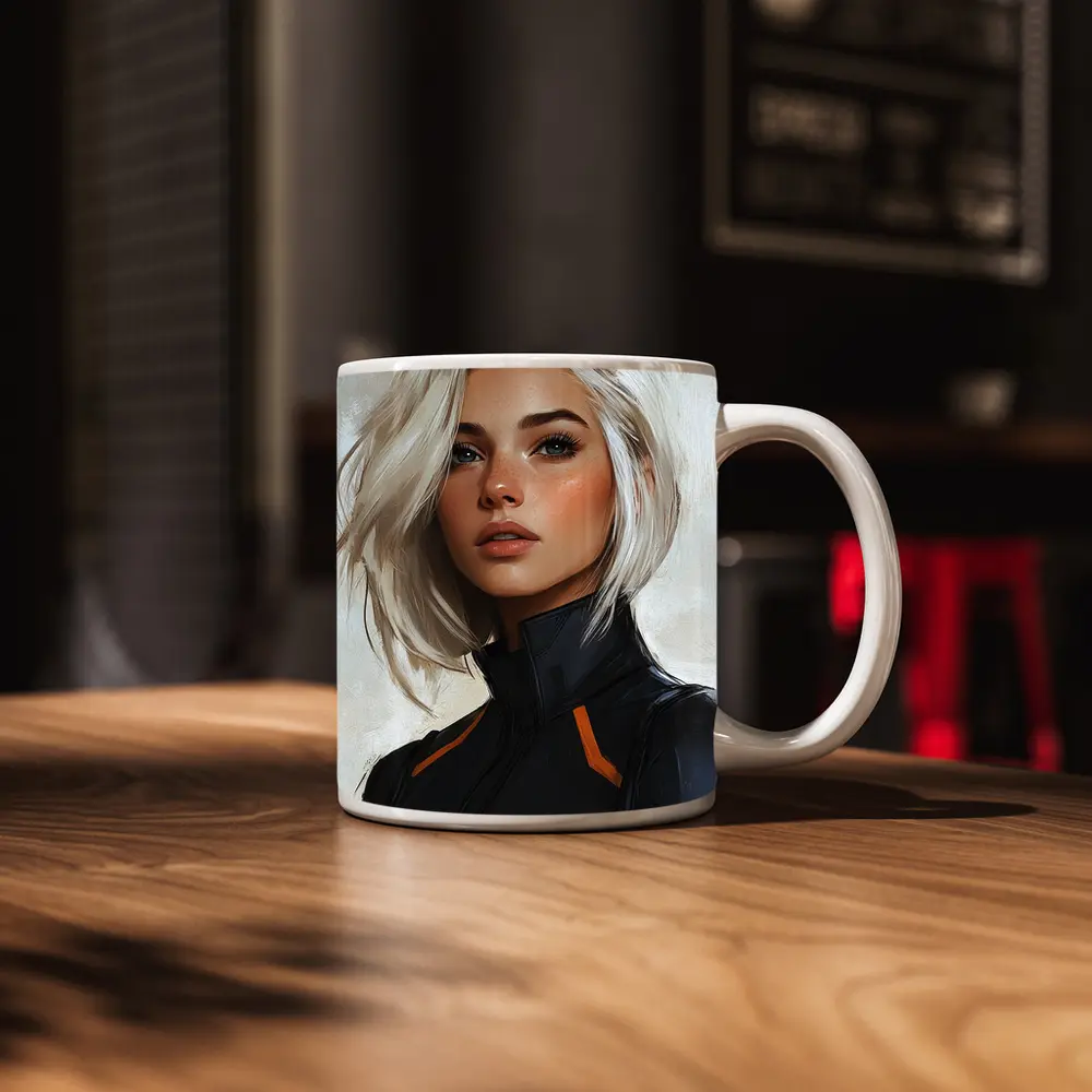 Sci Fi Woman White Hair Digital Portrait Art – Mugs