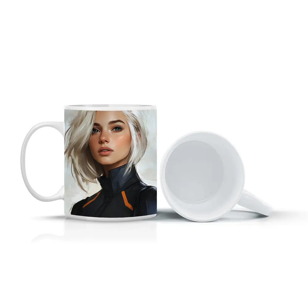 Sci Fi Woman White Hair Digital Portrait Art – Mugs
