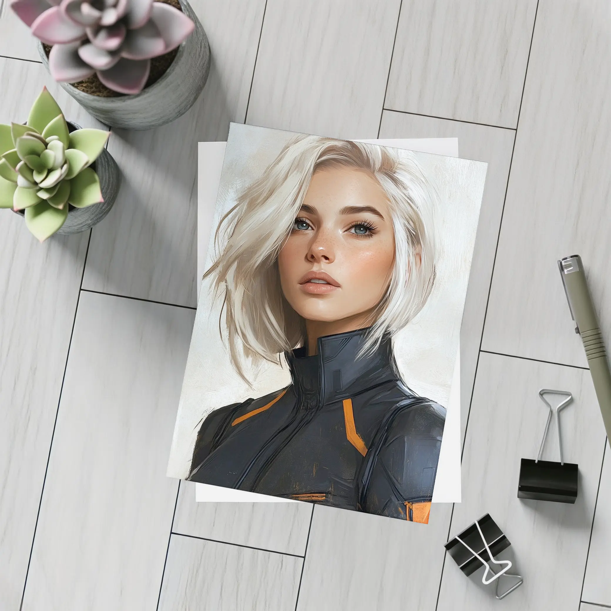 Sci Fi Woman White Hair Digital Portrait Art – Postcards