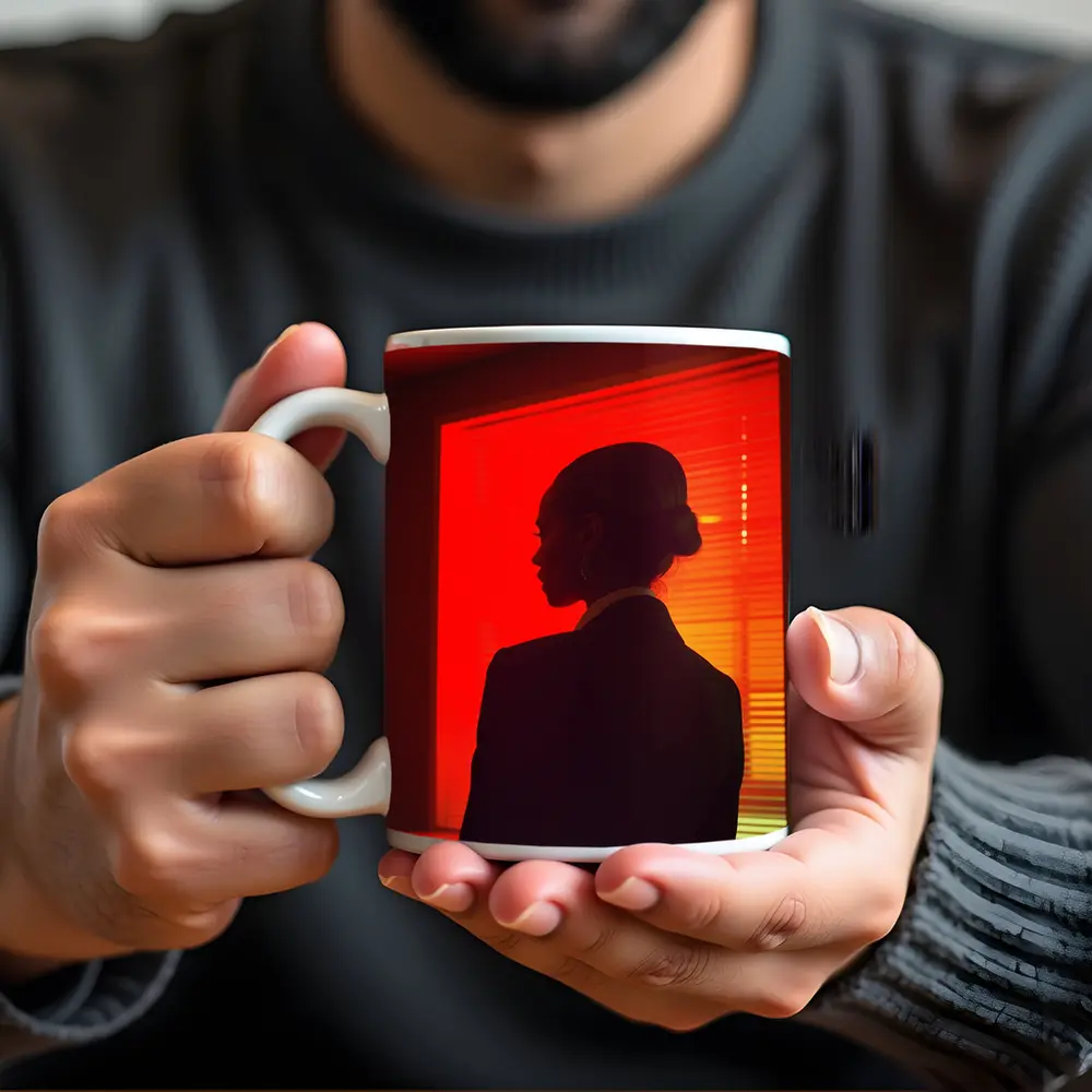 Woman Silhouette Red Neon Window Dark – Mugs