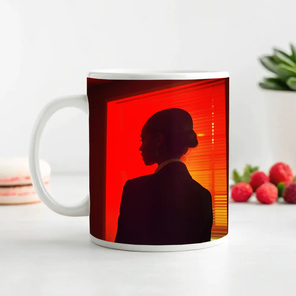 Woman Silhouette Red Neon Window Dark – Mugs