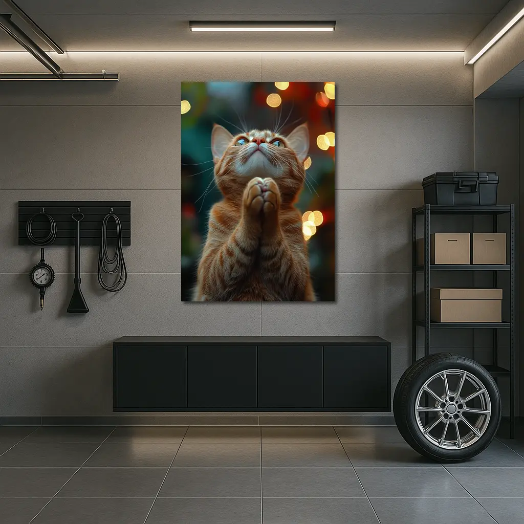 Orange Tabby Cat Praying Bokeh Lights Background – Wall Art