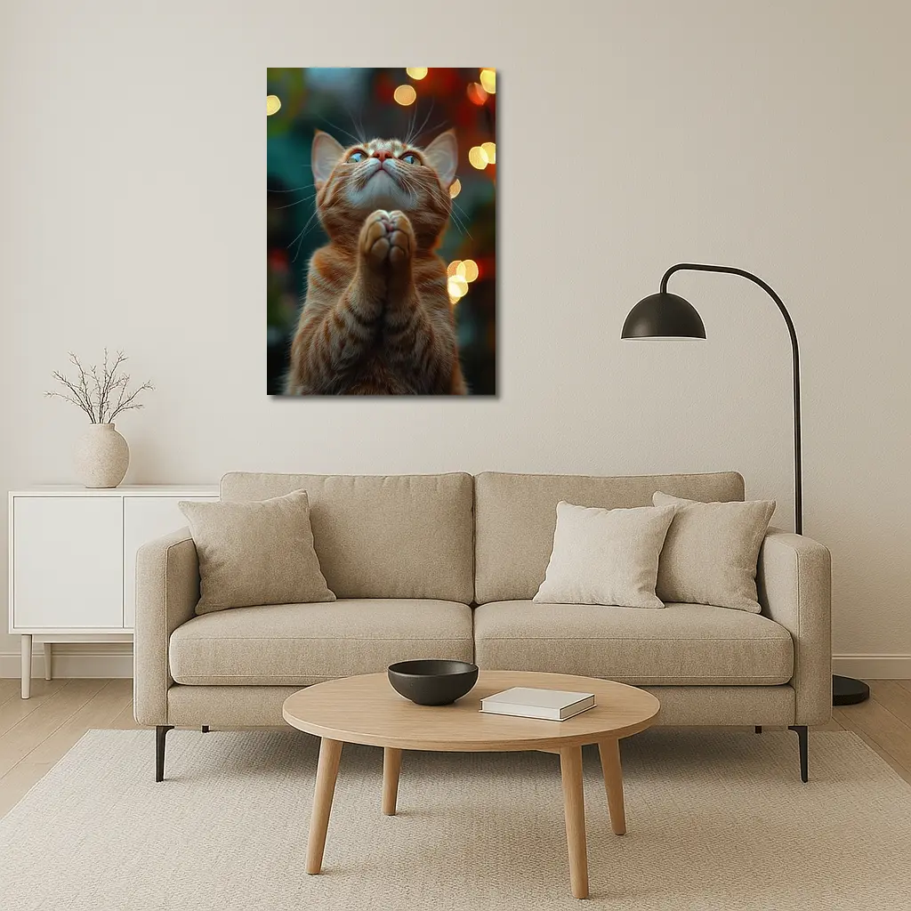 Orange Tabby Cat Praying Bokeh Lights Background – Wall Art