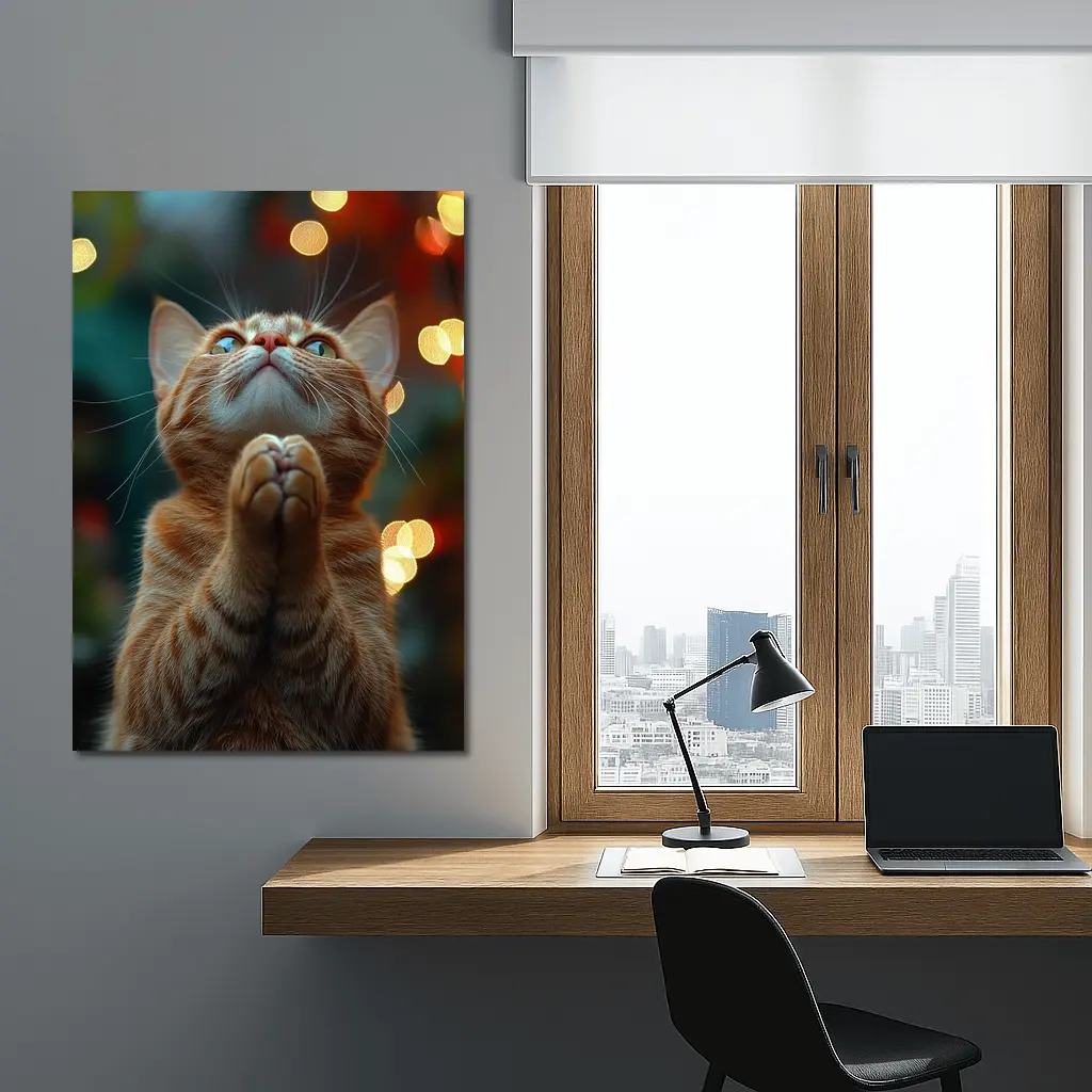 Orange Tabby Cat Praying Bokeh Lights Background – Wall Art