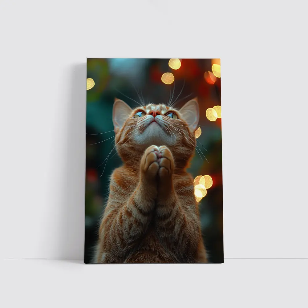 Orange Tabby Cat Praying Bokeh Lights Background – Wall Art