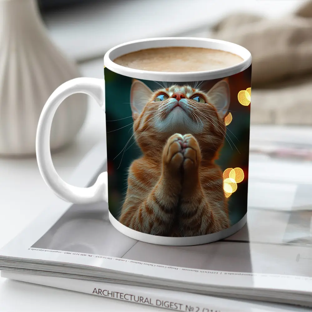 Orange Tabby Cat Praying Bokeh Lights Background – Mugs