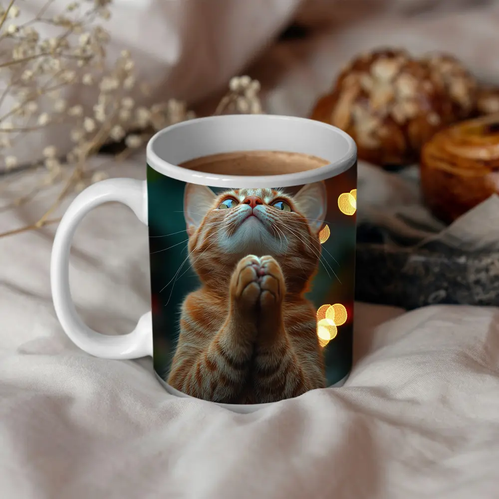 Orange Tabby Cat Praying Bokeh Lights Background – Mugs