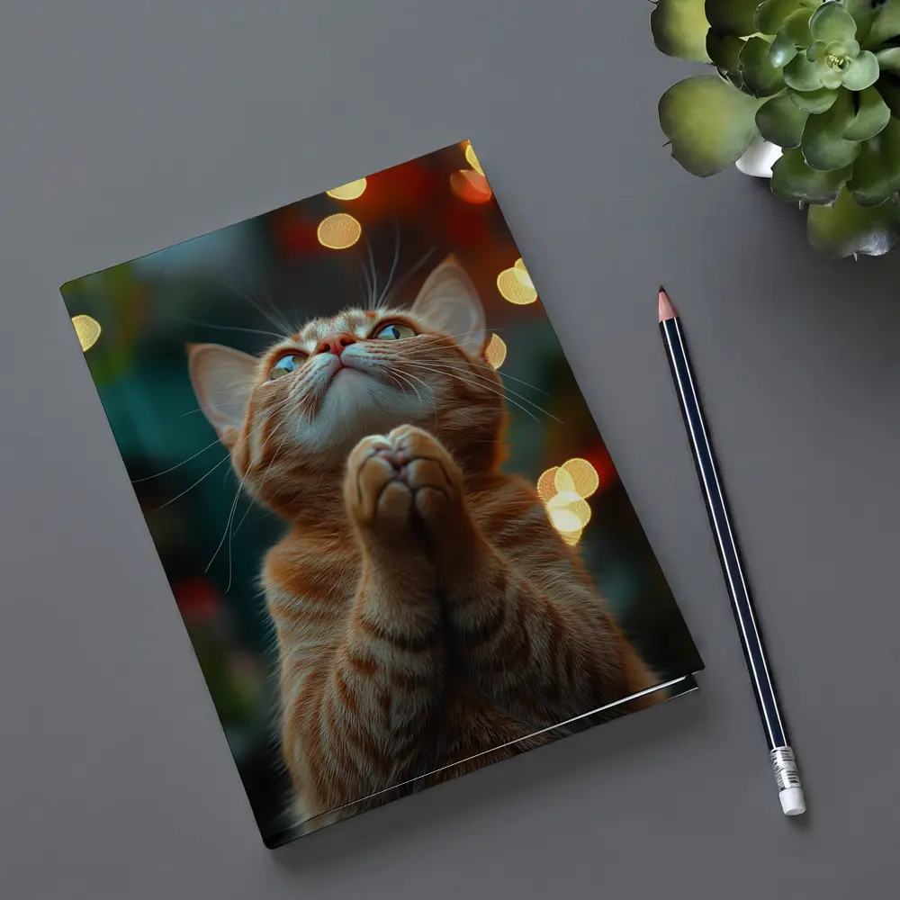 Orange Tabby Cat Praying Bokeh Lights Background – Notebooks