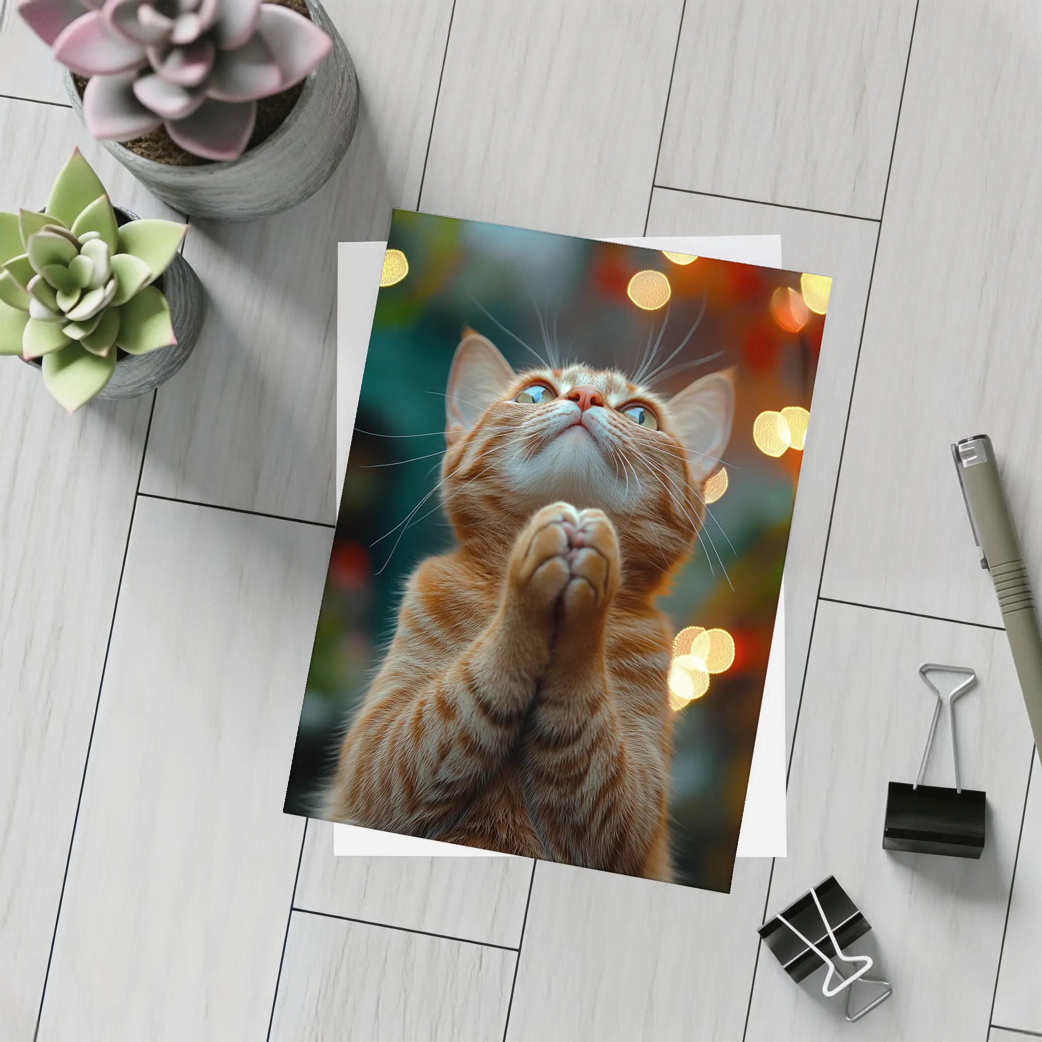 Orange Tabby Cat Praying Bokeh Lights Background – Postcards