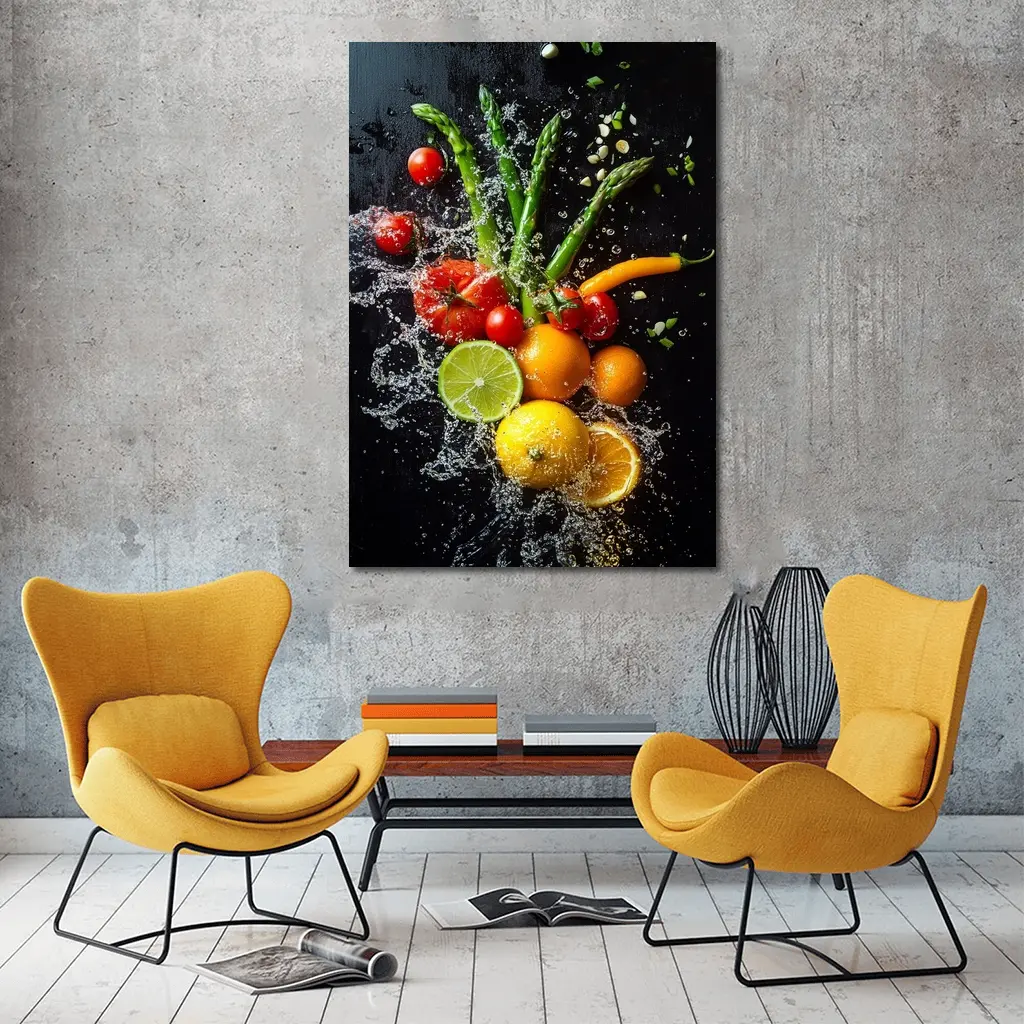 Fresh Vegetables Fruits Water Splash Dark Background – Wall Art