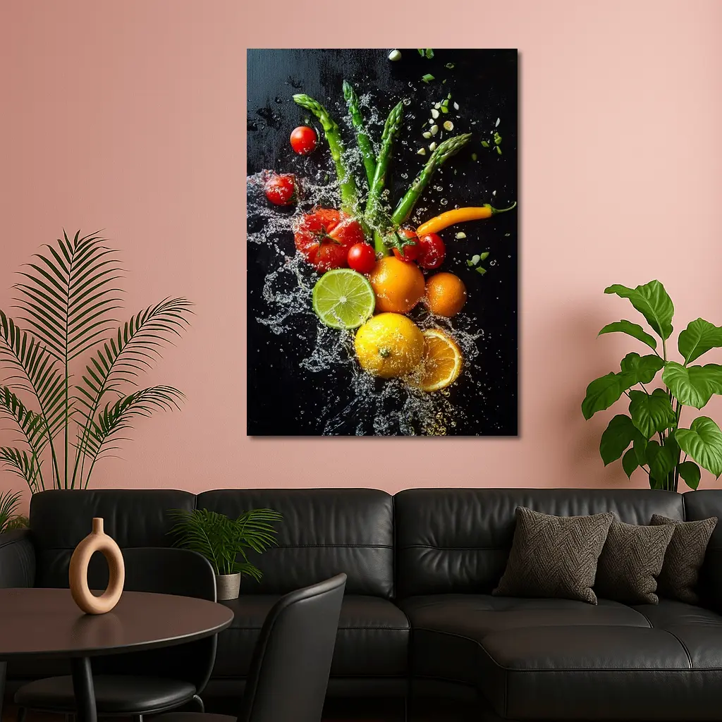 Fresh Vegetables Fruits Water Splash Dark Background – Wall Art