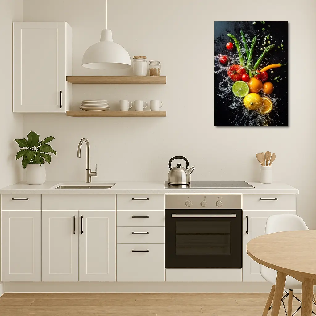 Fresh Vegetables Fruits Water Splash Dark Background – Wall Art