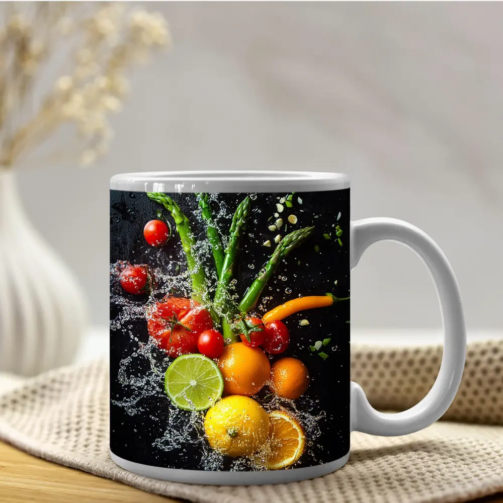 Fresh Vegetables Fruits Water Splash Dark Background – Mugs